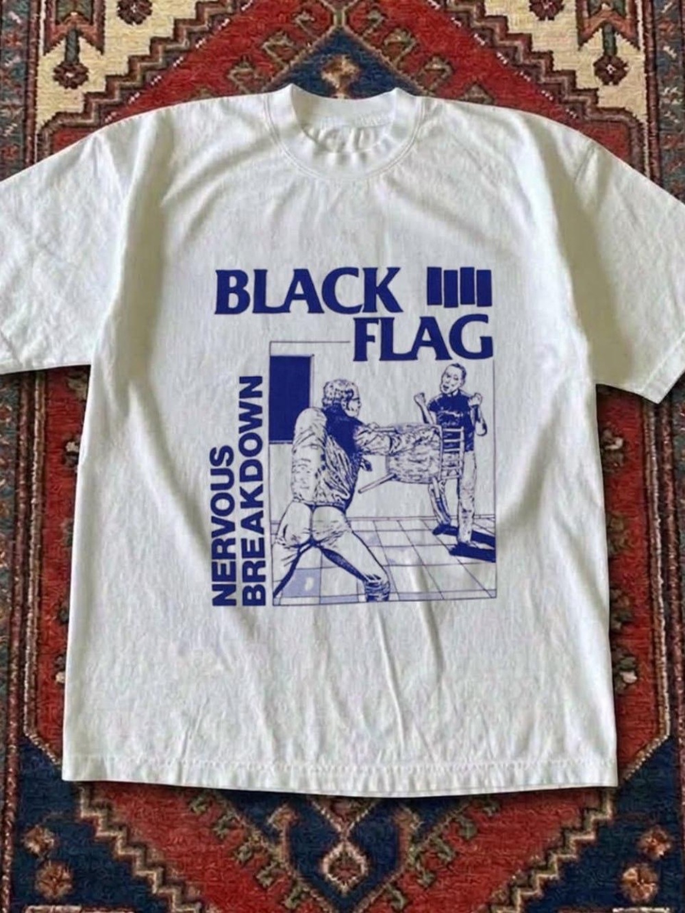 Gildan White Tee with Blue 'Black Flag' Nervous Breakdown Graphic